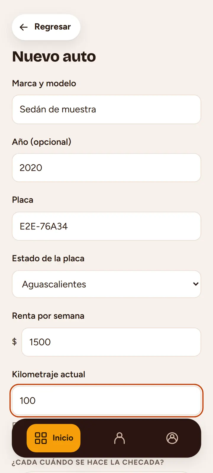 Formulario real para agregar un auto, con placa y datos ficticios