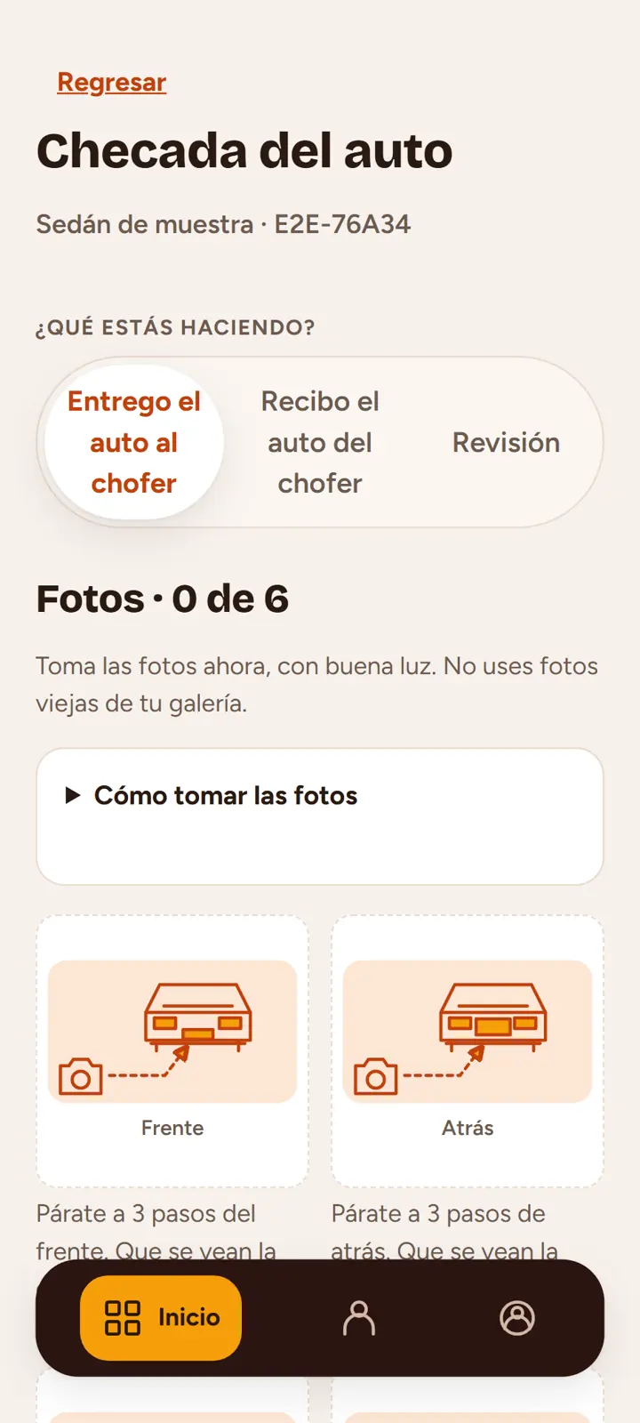 Formulario de checada con las seis posiciones y dibujos que orientan dónde tomar las fotos