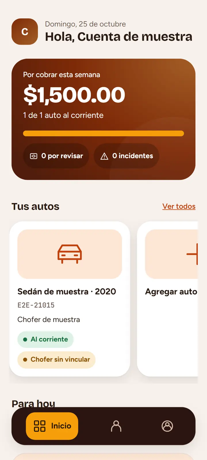 Inicio del dueño en SenSDrive: renta por cobrar, autos al corriente y pendientes con un auto de muestra